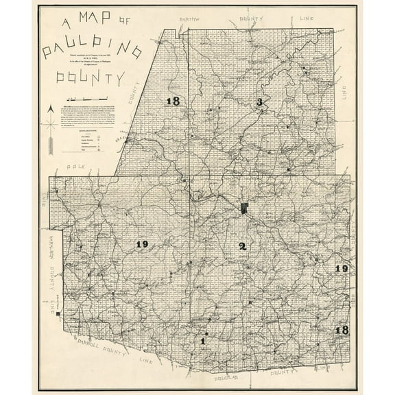Historic County Map - Paulding County Georgia - West 1896 - 23 x 27.42 - Vintage Wall Art