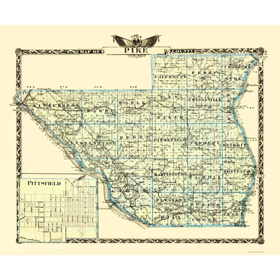 Historic County Map - Pike County Illinois  - Warner 1870 - 23 x 27.94 - Vintage Wall Art