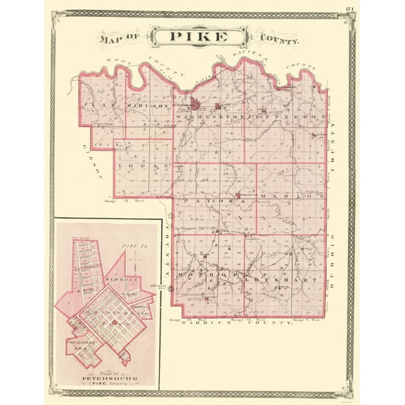 Historic County Map - Pike County Indiana - Baskin 1876 - 23 x 29.48 - Vintage Wall Art