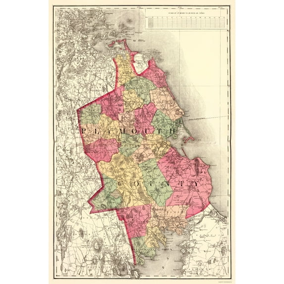 Historic County Map - Plymouth County Massachusetts - Walling 1871 - 23 x 34.87 - Vintage Wall Art