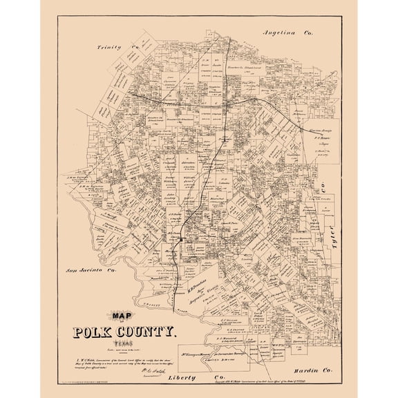Historic County Map - Polk County Texas - Walsh 1879 - Vintage Wall Art