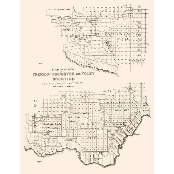 Historic County Map - Presidio Brewster Foley Counties - Texas and Pacific 1891 - 23 x 29.79 - Vintage Wall Art