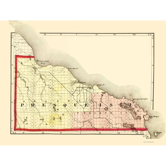 Historic County Map - Presque Isle County Michigan - Walling 1873 - Vintage Wall Art