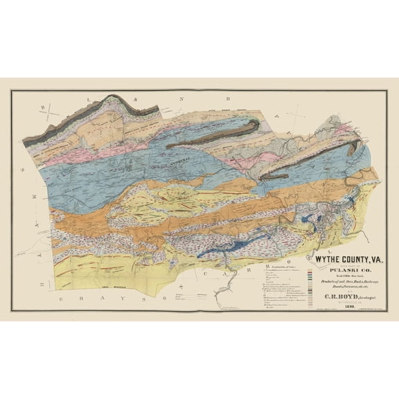 Historic County Map - Pulaski County Virginia - Boyd 1890 - Vintage Wall Art