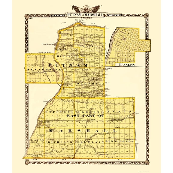 Historic County Map- Putnam Marshall Counties Illinois - Warner 1870 - Vintage Wall Art