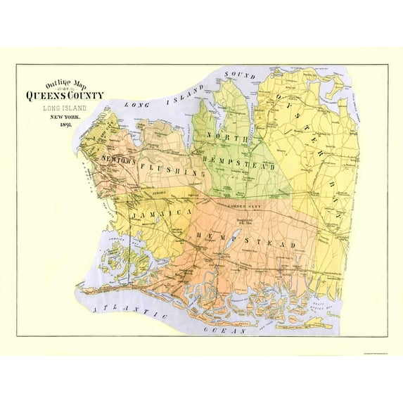 Historic County Map - Queens County New York - Burr 1891 - Vintage Wall Art