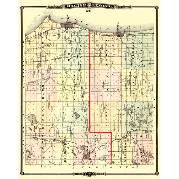 Historic County Map- Racine Kenosha Counties Wisconsin - Snyder 1878 - Vintage Wall Art