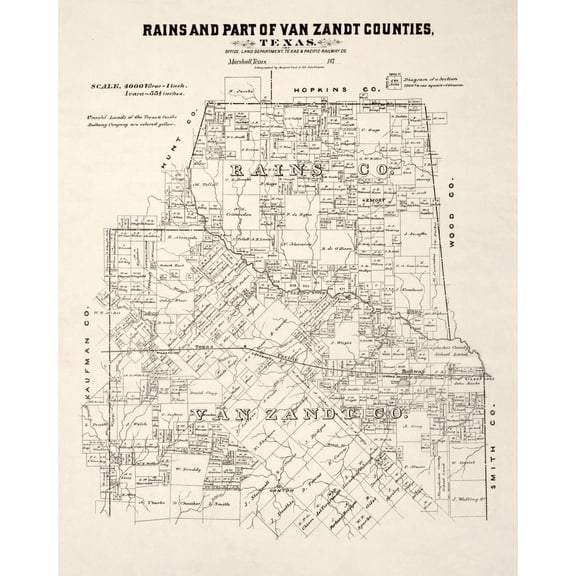 Historic County Map - Rains County Texas - Gast 1870 - Vintage Wall Art