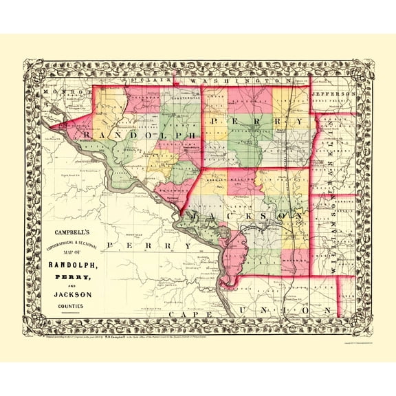 Historic County Map - Randolph Perry Jackson Counties Illinois - Campbell 1870 - 23 x 27.66 - Vintage Wall Art