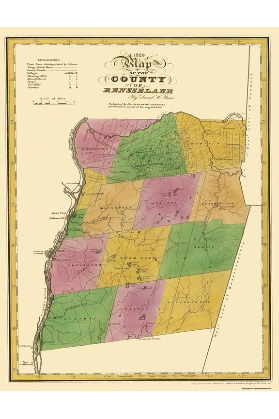 Historic County Map - Rensselaer County New York - Burr 1829 - Vintage Wall Art