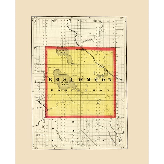 Historic County Map - Roscommon County Michigan - Walling 1873 - 23 x 28.30 - Vintage Wall Art