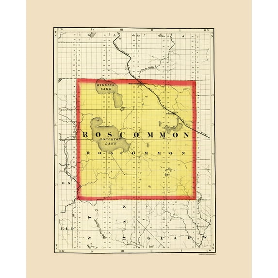 Historic County Map - Roscommon County Michigan - Walling 1873 - Vintage Wall Art