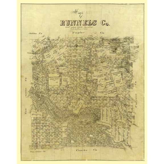 Historic County Map - Runnels County Texas - General Land Office 1887 - 23 x 28.95 - Vintage Wall Art