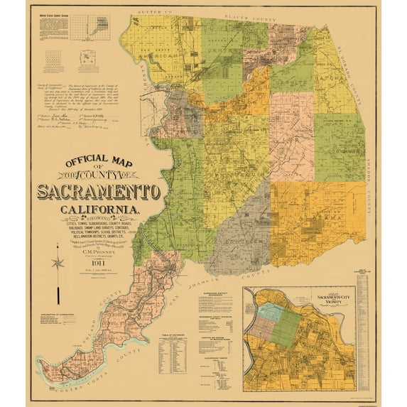 Historic County Map - Sacramento County California - Phinney 1911 - 23 x 26.31 - Vintage Wall Art