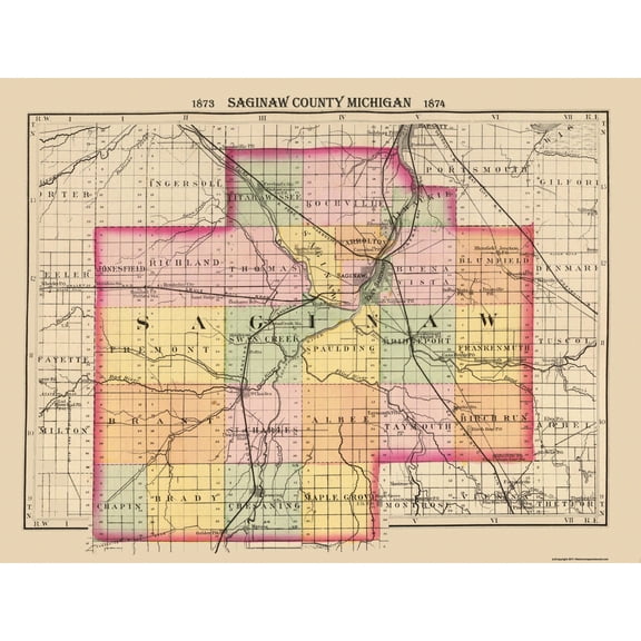 Historic County Map - Saginaw County Michigan - Walling 1873 - Vintage Wall Art