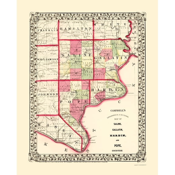 Historic County Map - Saline Gallatin Pope Hardin Counties Illinois - Campbell 1870 - 23 x 28.47 - Vintage Wall Art