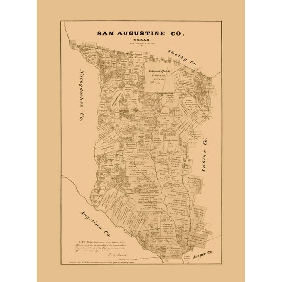 Historic County Map - San Augustine County Texas - Walsh 1879 - 23 x 31.18 - Vintage Wall Art