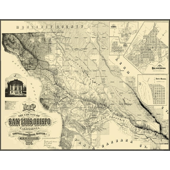 Historic County Map - San Luis Obispo County California - Harris 1874 - 29.69 x 23 - Vintage Wall Art