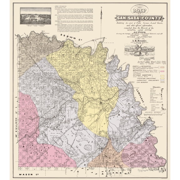 Historic County Map- San Saba County Texas - General Land Office 1876 - Vintage Wall Art