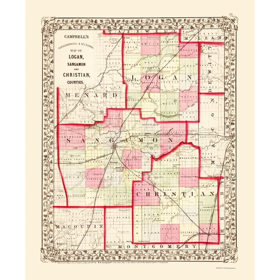Historic County Map- Sangamon Logan Christian Counties Illinois - Campbell 1870