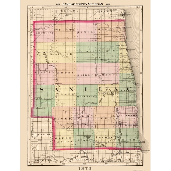 Historic County Map - Sanilac County Michigan - Walling 1873 - Vintage Wall Art