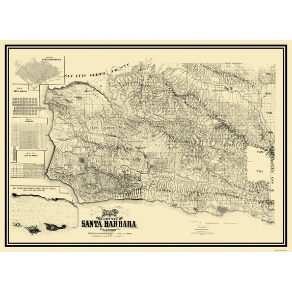 Historic County Map - Santa Barbara County California - Huber 1889 - 31.63 x 23 - Vintage Wall Art