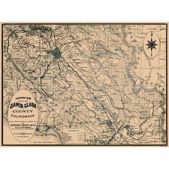Historic County Map - Santa Clara County California - Denny 1913 - Vintage Wall Art