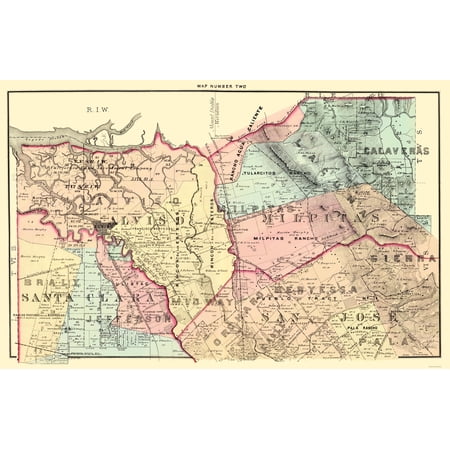 Historic County Map - Santa Clara County California - Thomas 1876 - Vintage Wall Art