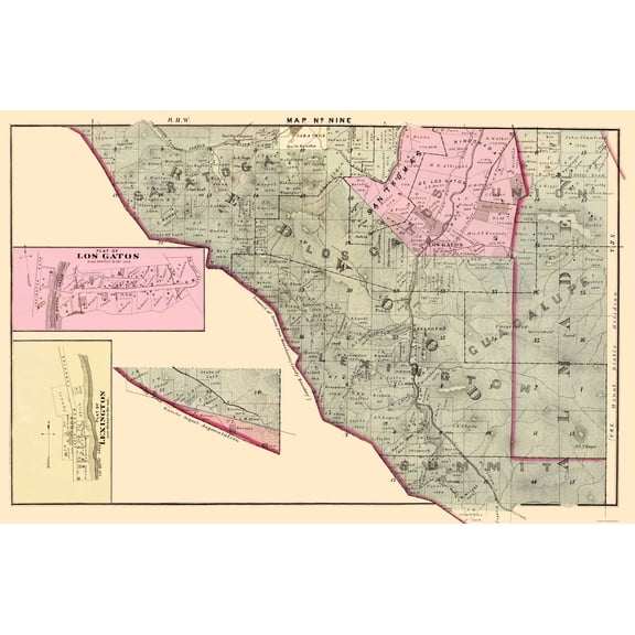 Historic County Map - Santa Clara West Central County California - Thomas 1876 - Vintage Wall Art
