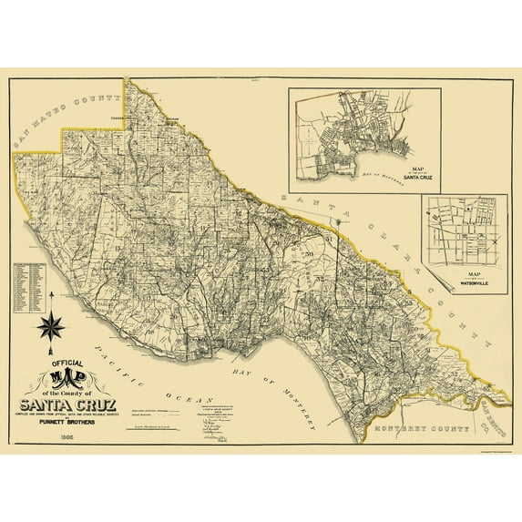 Historic County Map - Santa Cruz County California - Punnett 1906 - Vintage Wall Art