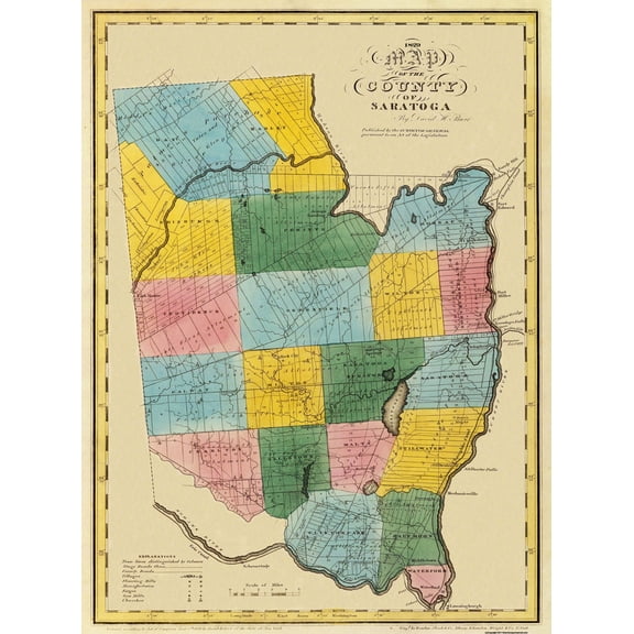 Historic County Map - Saratoga County New York - Burr 1829 - 23 x 31 - Vintage Wall Art