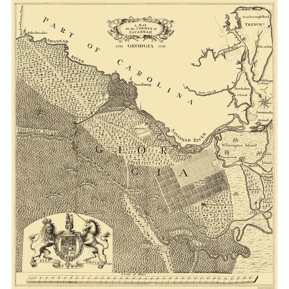 Historic County Map - Savannah County Georgia - Urlsperger 1735 - 23 x 24.94 - Vintage Wall Art