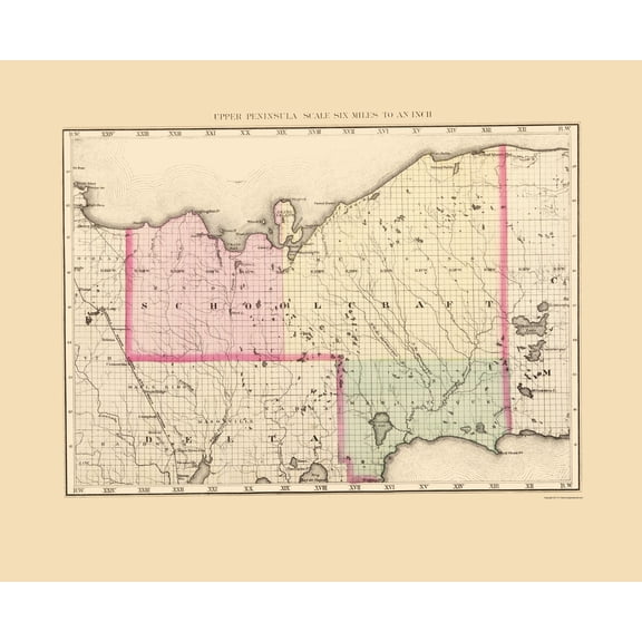 Historic County Map - Schoolcraft County Michigan - Walling 1873 - 23 x 28.30 - Vintage Wall Art