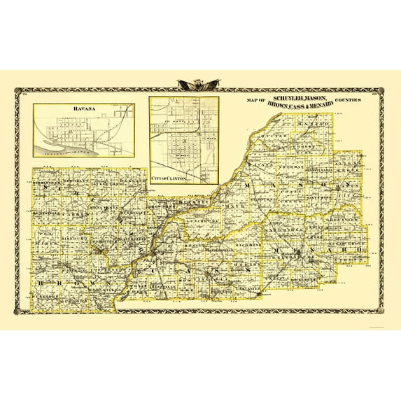 Historic County Map - Schuyler Mason Brown Cass Menard Counties Illinois - Warner 1870