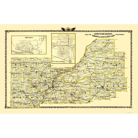 Historic County Map - Schuyler Mason Brown Cass Menard Counties Illinois - Warner 1870