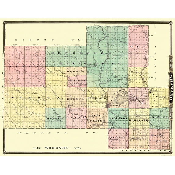 Historic County Map - Shawano County Wisconsin - Snyder 1878 - 29.13 x 23 - Vintage Wall Art