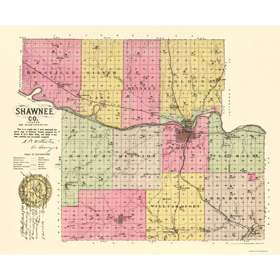 Historic County Map - Shawnee County Kansas - Everts 1887 - Vintage Wall Art