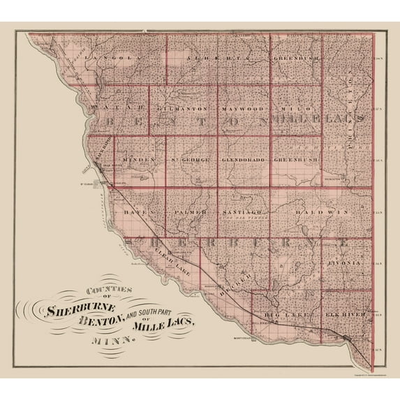 Historic County Map- Sherburne Benton Mille Lacs Counties Minnesota - Andreas 1874