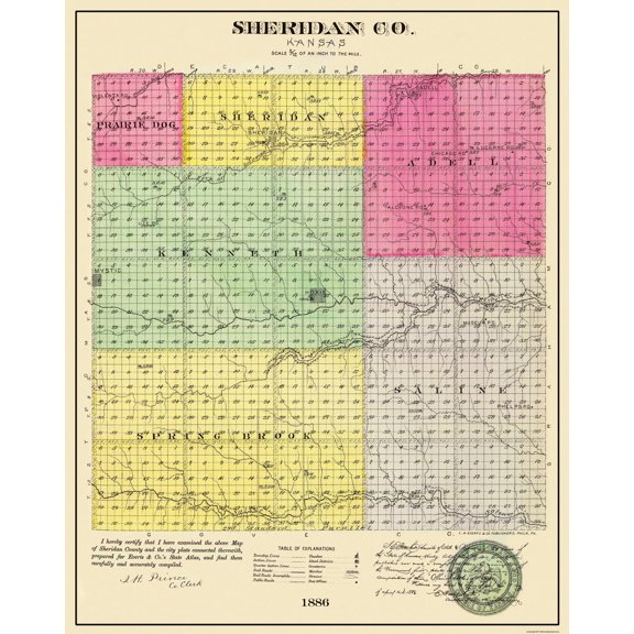 Historic County Map - Sheridan County Kansas - Everts 1886 - Vintage Wall Art