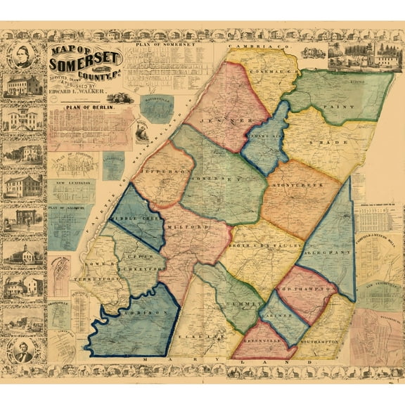 Historic County Map - Somerset County Pennsylvania - Walker 1860 - 25.63 x 23 - Vintage Wall Art
