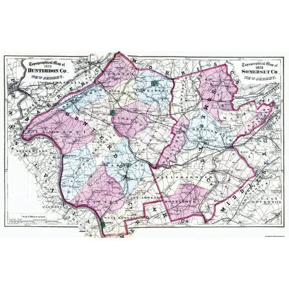 Historic County Map - Somerset Hunterdon Counties New Jersey - Beers 1872 - 35.56 x 23 - Vintage Wall Art