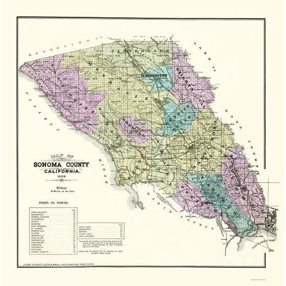 Historic County Map - Sonoma County California - Thompson 1877 - Vintage Wall Art