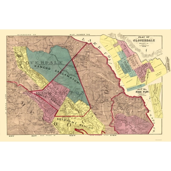 Historic County Map - Sonoma County Cloverdale Pine Flat California - Thompson 1877 - 23x34 - Vintage Wall Art