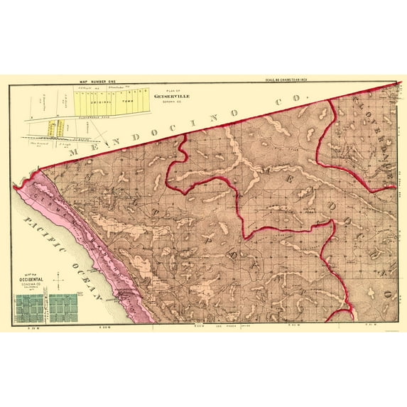 Historic County Map- Sonoma Northwest County California - Thompson 1877 - Vintage Wall Art