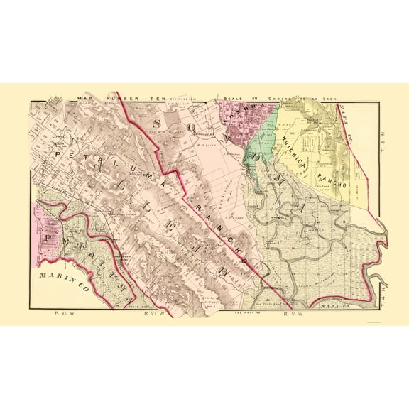 Historic County Map - Sonoma South County California - Thompson 1877 - Vintage Wall Art