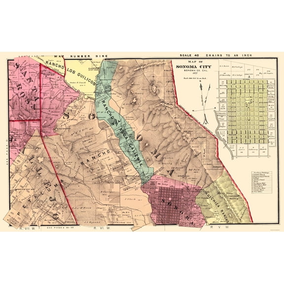 Historic County Map - Sonoma Southeast County California - Thompson 1877 - 23 x 36.25 - Vintage Wall Art