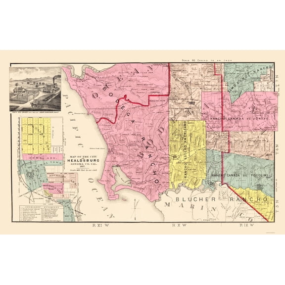 Historic County Map - Sonoma Southwest Coastal County California - Thompson 1877 - 23 x 35 - Vintage Wall Art