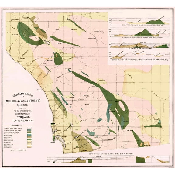 Historic County Map- Southern California Geological - Fairbanks 1893 - Vintage Wall Art