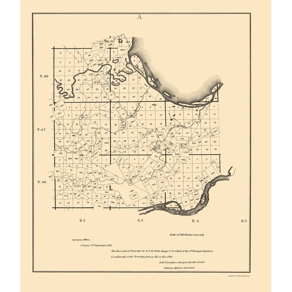 Historic County Map - St Charles County Missouri - Milburn 1835 - Vintage Wall Art