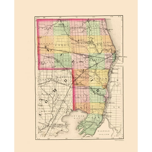 Historic County Map - St Clair County Michigan - Walling 1873 - 23 x 28.30 - Vintage Wall Art